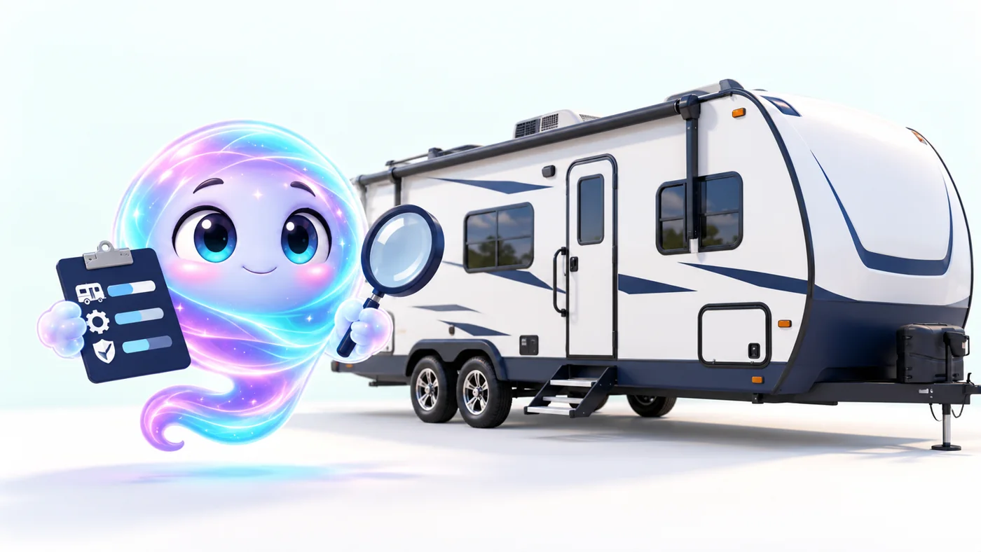 Scout comparing camper details with a clipboard and magnifying glass