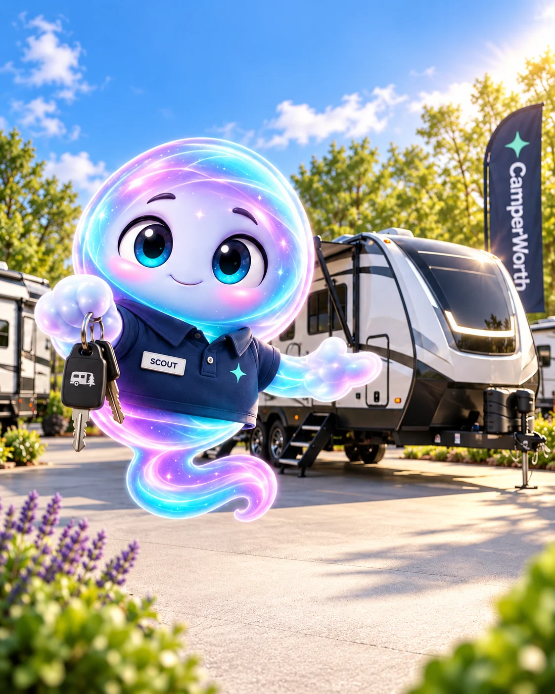 Scout in a dealer polo presenting camper keys beside a travel trailer